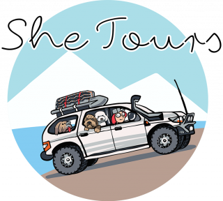 Cartoon image of a vehicle loaded with camping gear and dogs